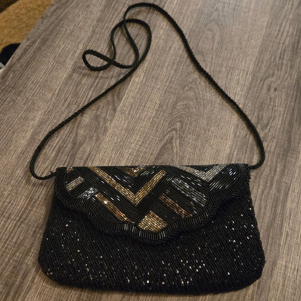 Vintage Black Beaded Crossbody Evening Party Bag Chevron Pattern Long Strap